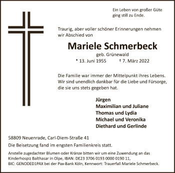 Todesanzeige von Mariele Schmerbeck von WA
