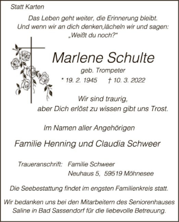 Todesanzeige von Marlene Schulte von WA