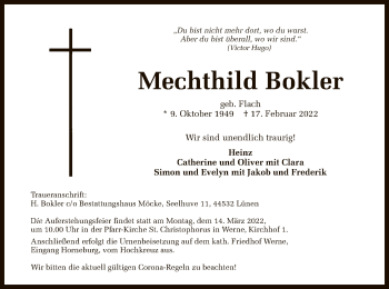 Todesanzeige von Mechthild Bokler von WA