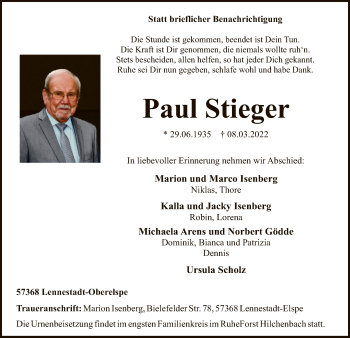 Todesanzeige von Paul Stieger von WA