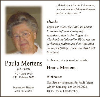 Todesanzeige von Paula Mertens von WA