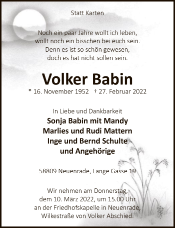 Todesanzeige von Volker Babin von WA