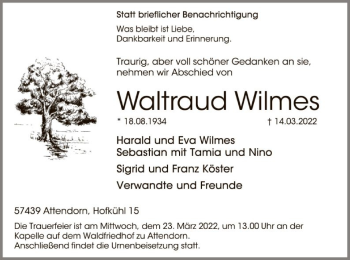Todesanzeige von Waltraud Wilmes von WA