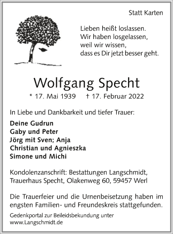 Todesanzeige von Wolfgang Specht von WA