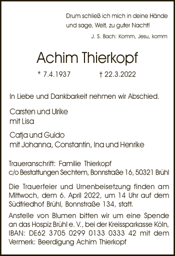 Todesanzeige von Achim Thierkopf von WA