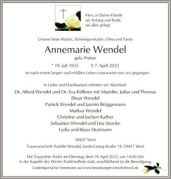 Todesanzeige von Annemarie Wendel von WA