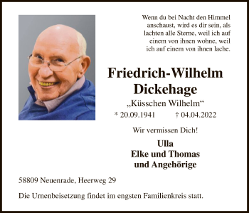 Todesanzeige von Friedrich-Wilhelm Dickehage von WA