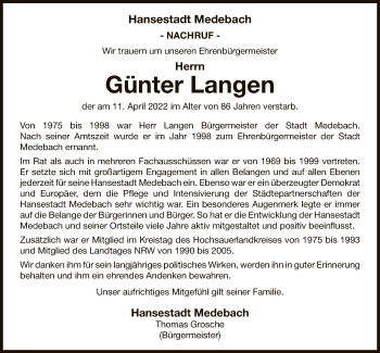 Todesanzeige von Günter Langen von WA