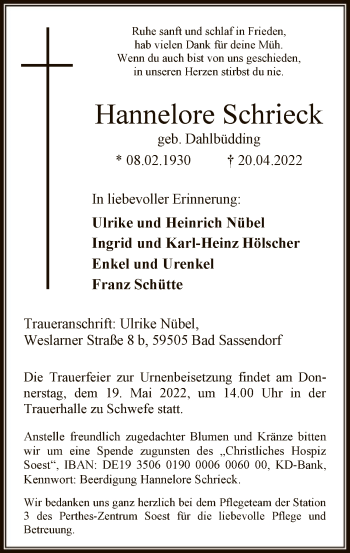 Todesanzeige von Hannelore Schrieck von WA