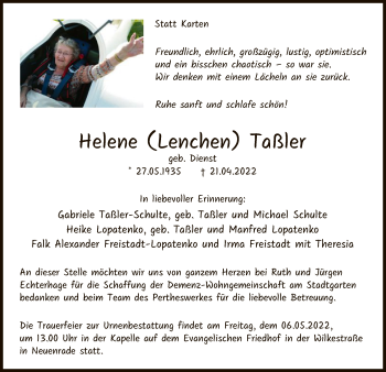 Todesanzeige von Helene Taßler von WA