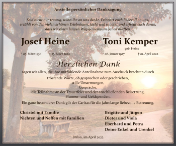 Todesanzeige von Josef Heine und Toni Kempter  von WA