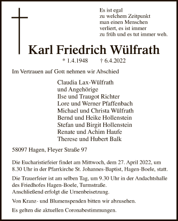 Todesanzeige von Karl Friedrich Wülfrath von WA