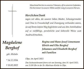 Todesanzeige von Magdalene Berghof von WA