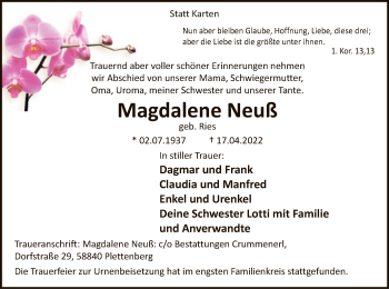 Todesanzeige von Magdalene Neuß von WA