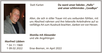 Todesanzeige von Manfred Lübben von WA