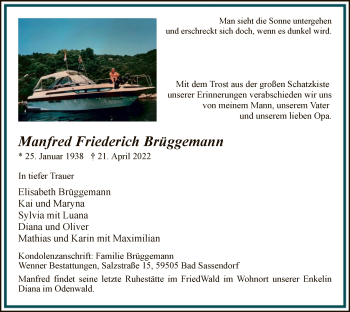 Todesanzeige von Manfred Friederich Brüggemann von WA