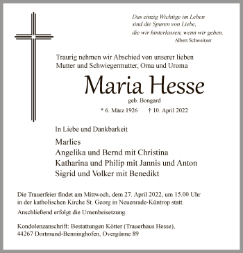 Todesanzeige von Maria Hesse von WA