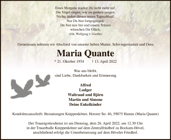 Todesanzeige von Maria Quante von WA