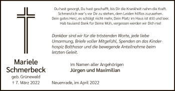 Todesanzeige von Mariele Schmerbeck von WA