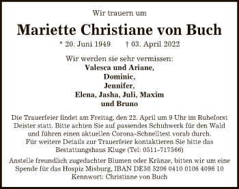 Todesanzeige von Mariette Christiane von Buch von WA