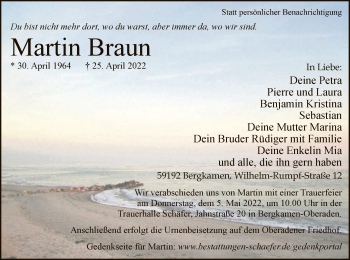 Todesanzeige von Martin Braun von WA
