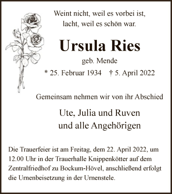 Todesanzeige von Ursula Ries von WA