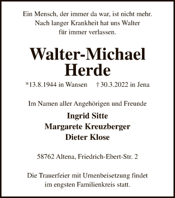 Todesanzeige von Walter-Michael Herde von WA