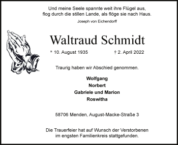 Todesanzeige von Waltraud Schmidt von WA