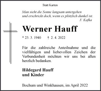 Todesanzeige von Werner Hauff von WA