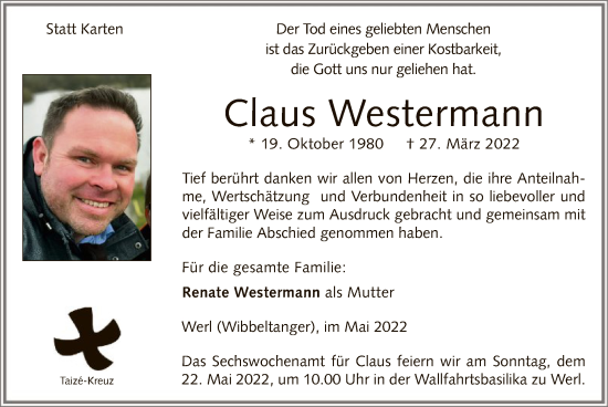 Todesanzeige von Claus Westermann von Westfälischer Anzeiger