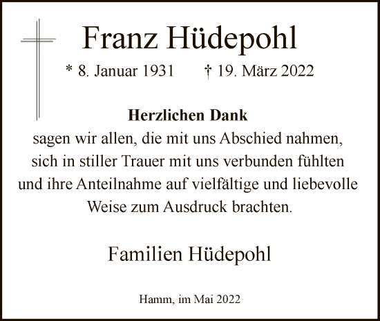 Todesanzeige von Franz Hüdepohl von WA