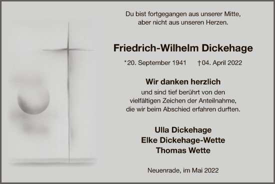 Todesanzeige von Friedrich-Wilhelm Dickehage von WA