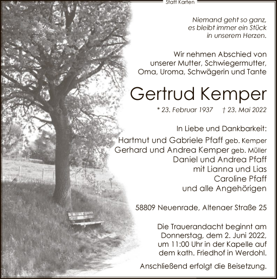 Todesanzeige von Gertrud Kemper von WA
