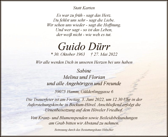 Todesanzeige von Guido Dürr von WA