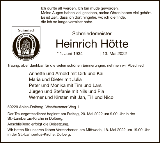 Todesanzeige von Heinrich Hötte von WA