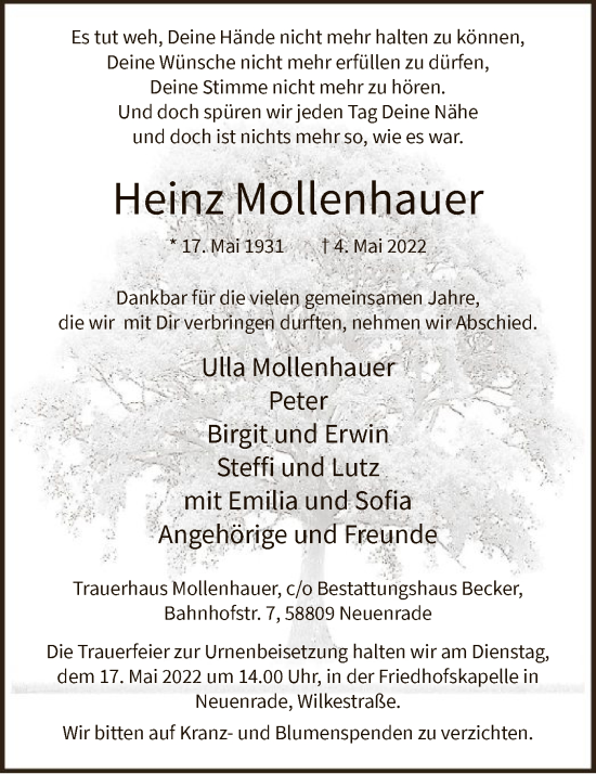 Todesanzeige von Heinz Mollenhauer von WA