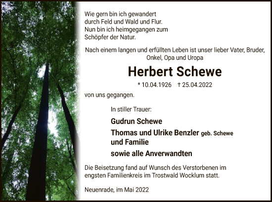 Todesanzeige von Herbert Schewe von WA