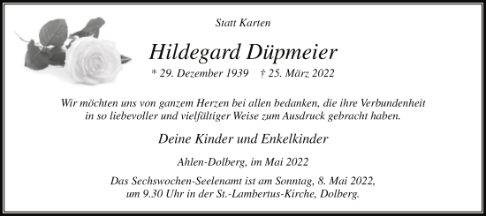 Todesanzeige von Hildegard Düpmeier von WA