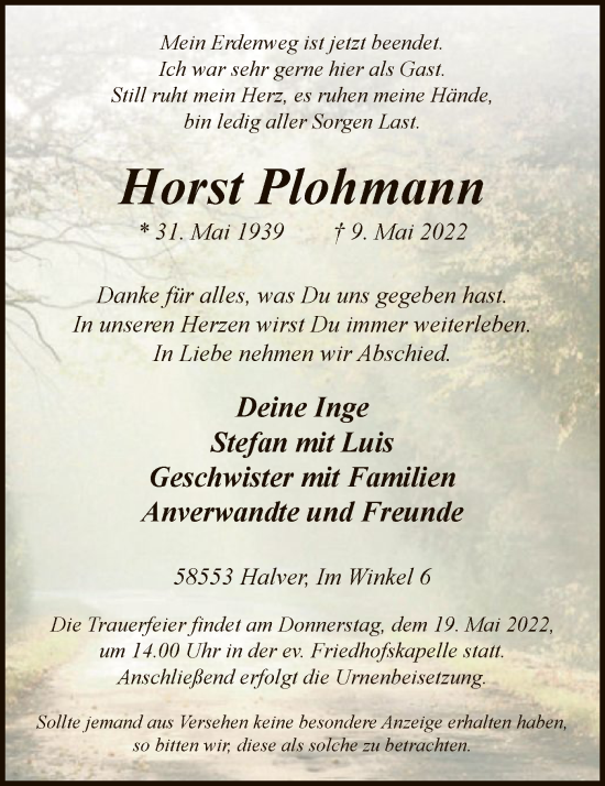 Todesanzeige von Horst Plohmann von WA