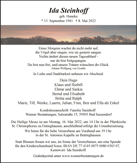 Todesanzeige von Ida Steinhoff von WA