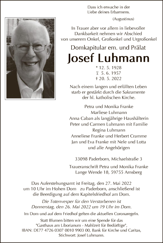 Todesanzeige von Josef Luhmann von WA