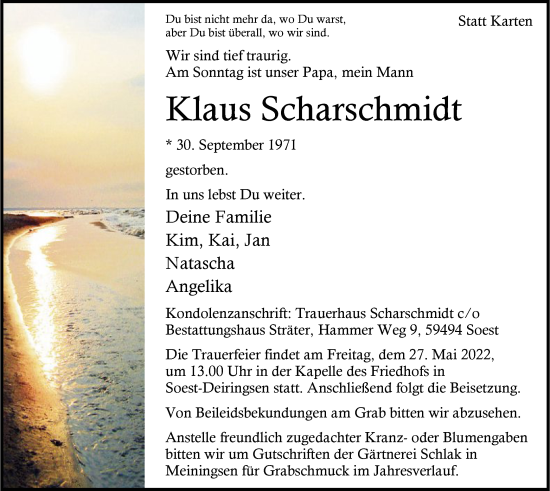 Todesanzeige von Klaus Scharschmidt von WA