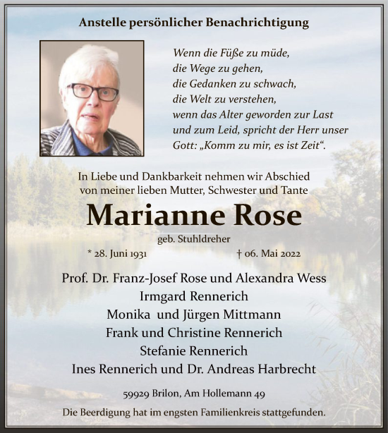 Todesanzeige von Marianne Rose von Westfälischer Anzeiger