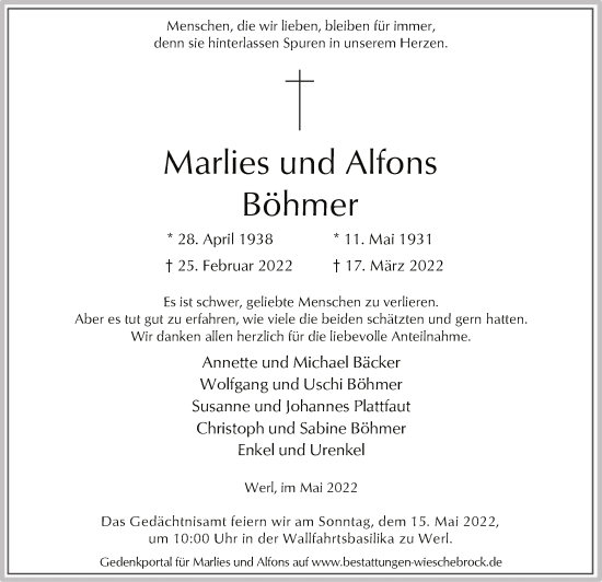 Todesanzeige von Marlies und Alfons Böhmer von WA