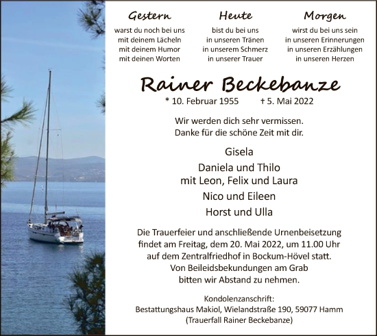 Todesanzeige von Rainer Beckebanze von WA