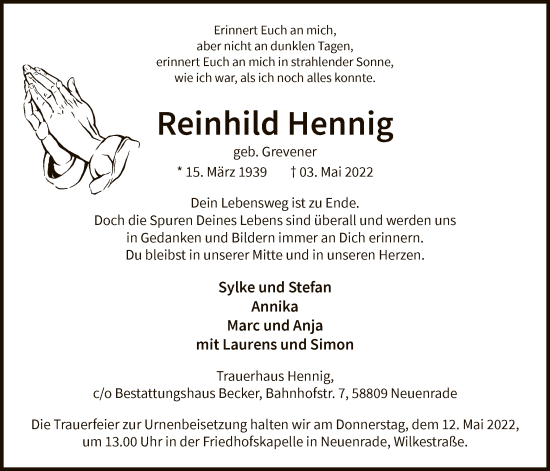 Todesanzeige von Reinhild Hennig von WA