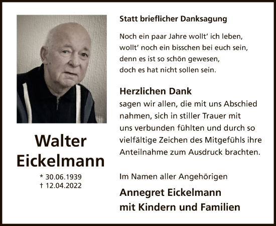 Todesanzeige von Walter Eickelmann von WA