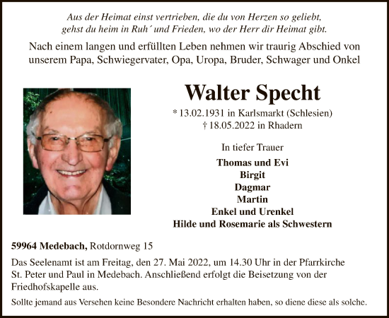 Todesanzeige von Walter Specht von WA