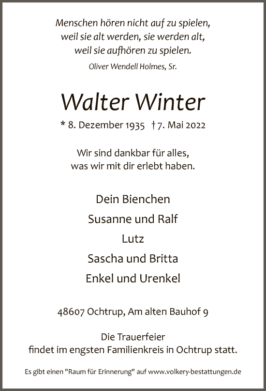 Todesanzeige von Walter Winter von WA