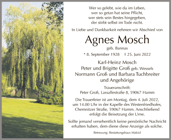 Todesanzeige von Agnes Mosch von WA